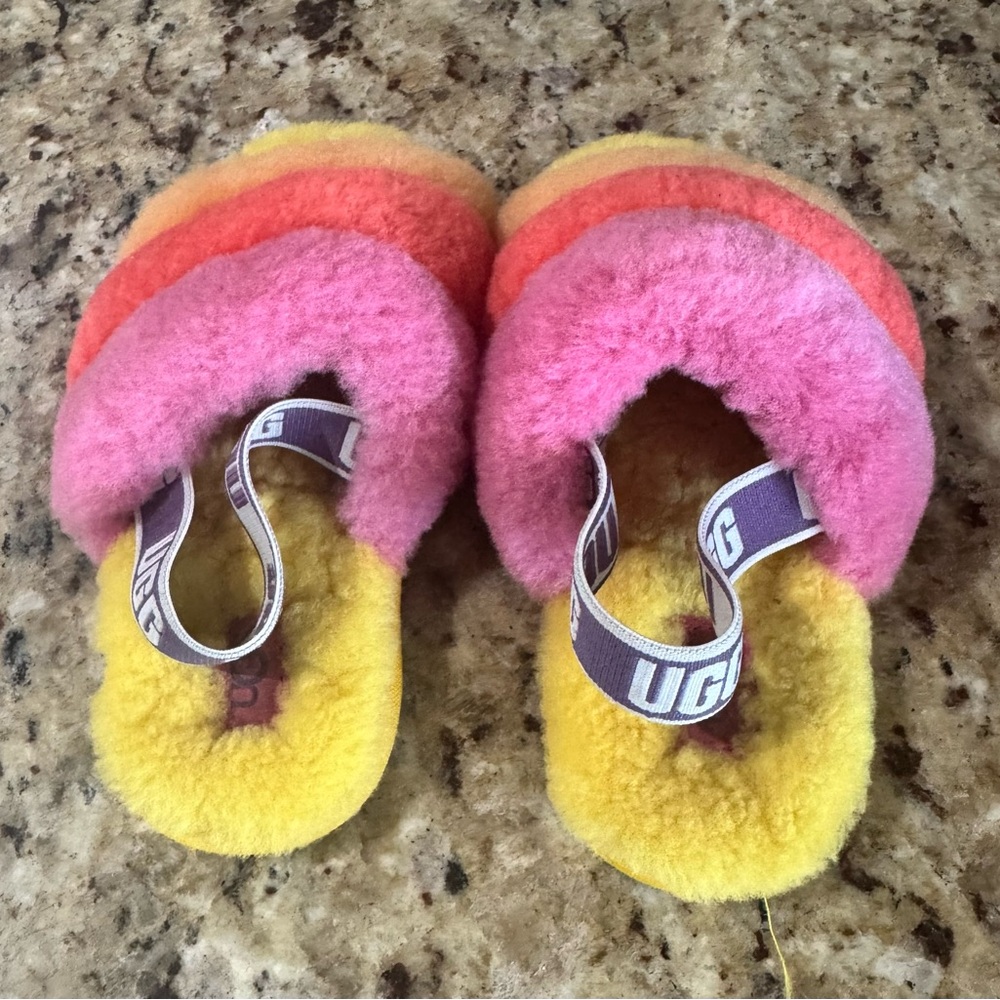 UGG Kids Multicolor Fuzzy Slide Slippers - Pink, Orange, Yellow - Picture 2 of 5